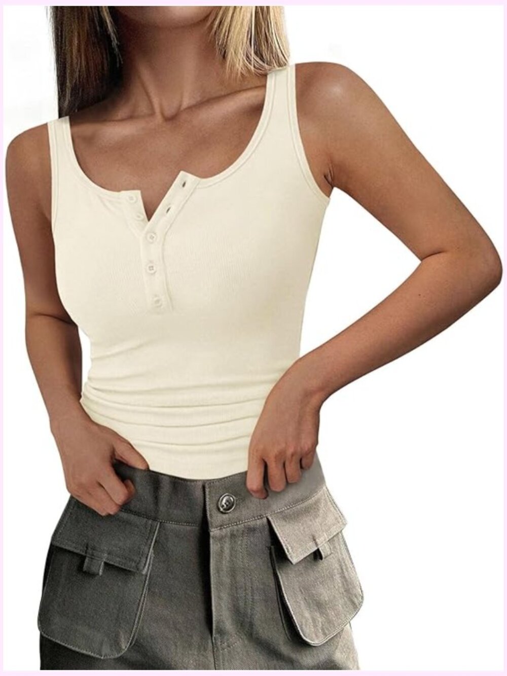 Ribbed Knit Slim Fit Sleeveless Henley Tank Top Button Up Blouse